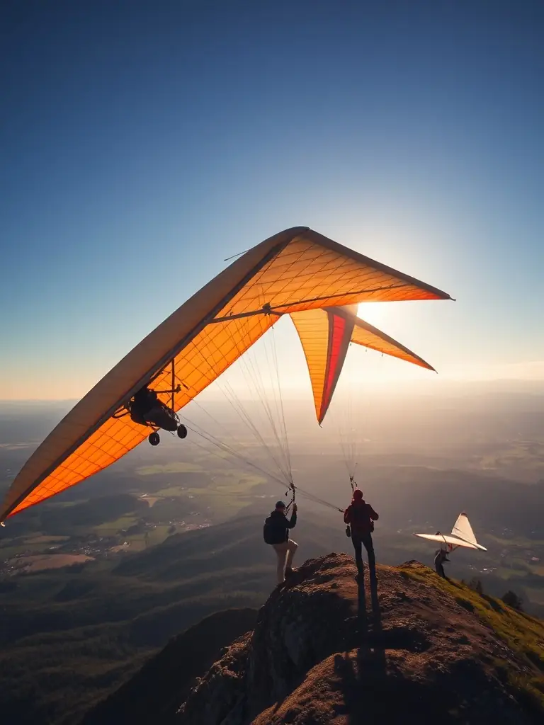 A dynamic scene of experienced pilots launching hang gliders from a panoramic mountain ridge, with sweeping views of the Bourgogne Franche-Comté landscape and a sense of adventure in the air.