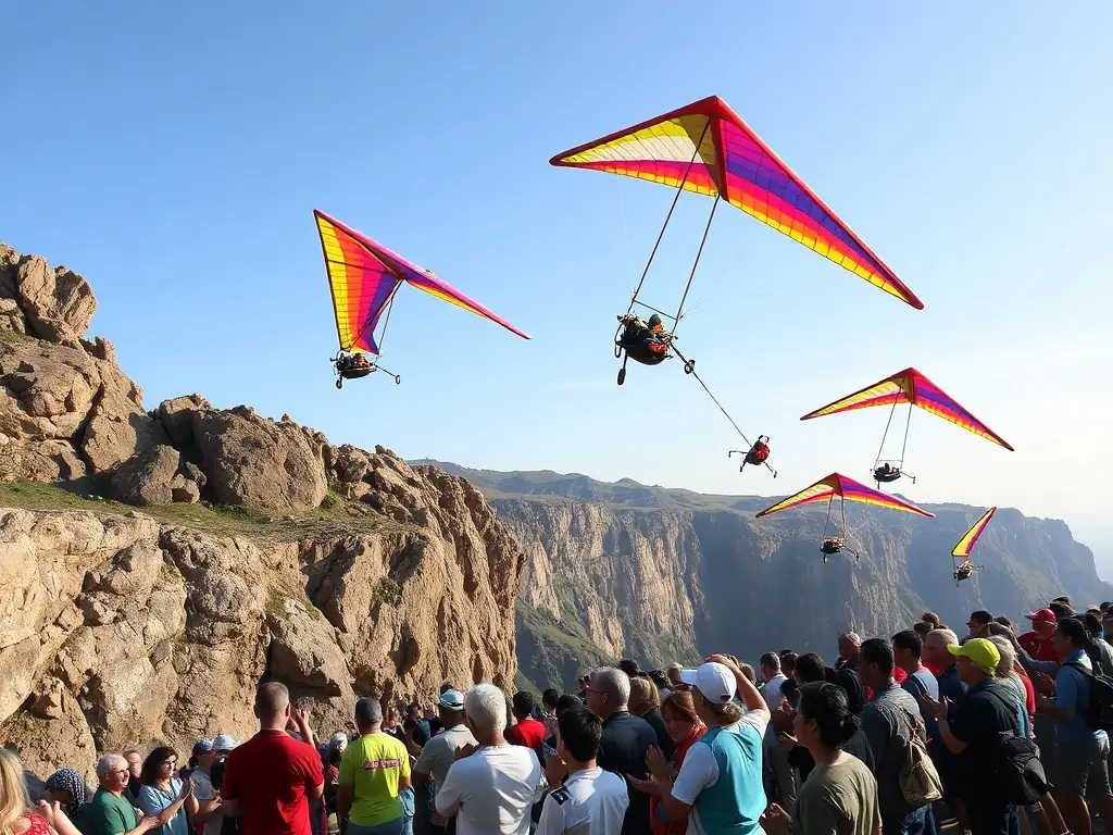 A vibrant scene of hang gliders launching from a scenic cliff, with spectators and volunteers cheering below.