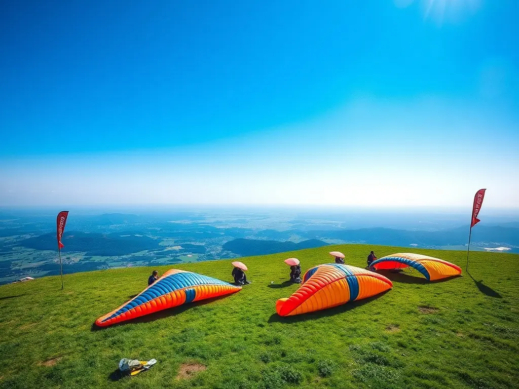 A group of paragliders preparing their wings on a grassy hilltop under a clear blue sky, with event banners in the background.