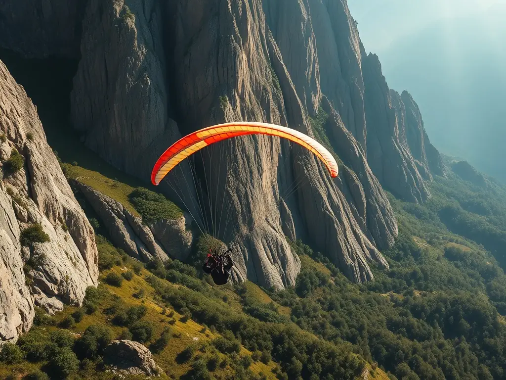 A pilot soaring gracefully above the Burgundy countryside, with lush vineyards and villages below, the pilot wearing a helmet and safety gear, illustrating responsible and enjoyable air sports practice.