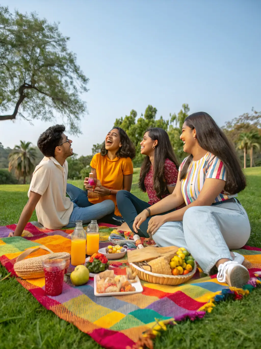 A cheerful group of club members gathered around a picnic table after a flight, sharing stories and laughter, with paragliders and equipment in the background, capturing the camaraderie of the community.