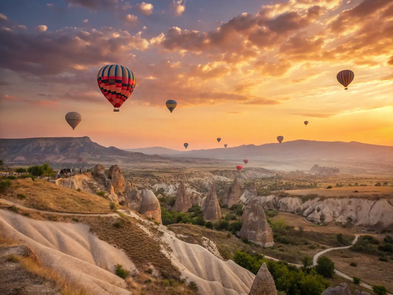 A scenic view of a hot air balloon floating gently over a picturesque landscape, with mountains and forests visible in the distance. The image should evoke a sense of wonder, tranquility, and the joy of aerial exploration.