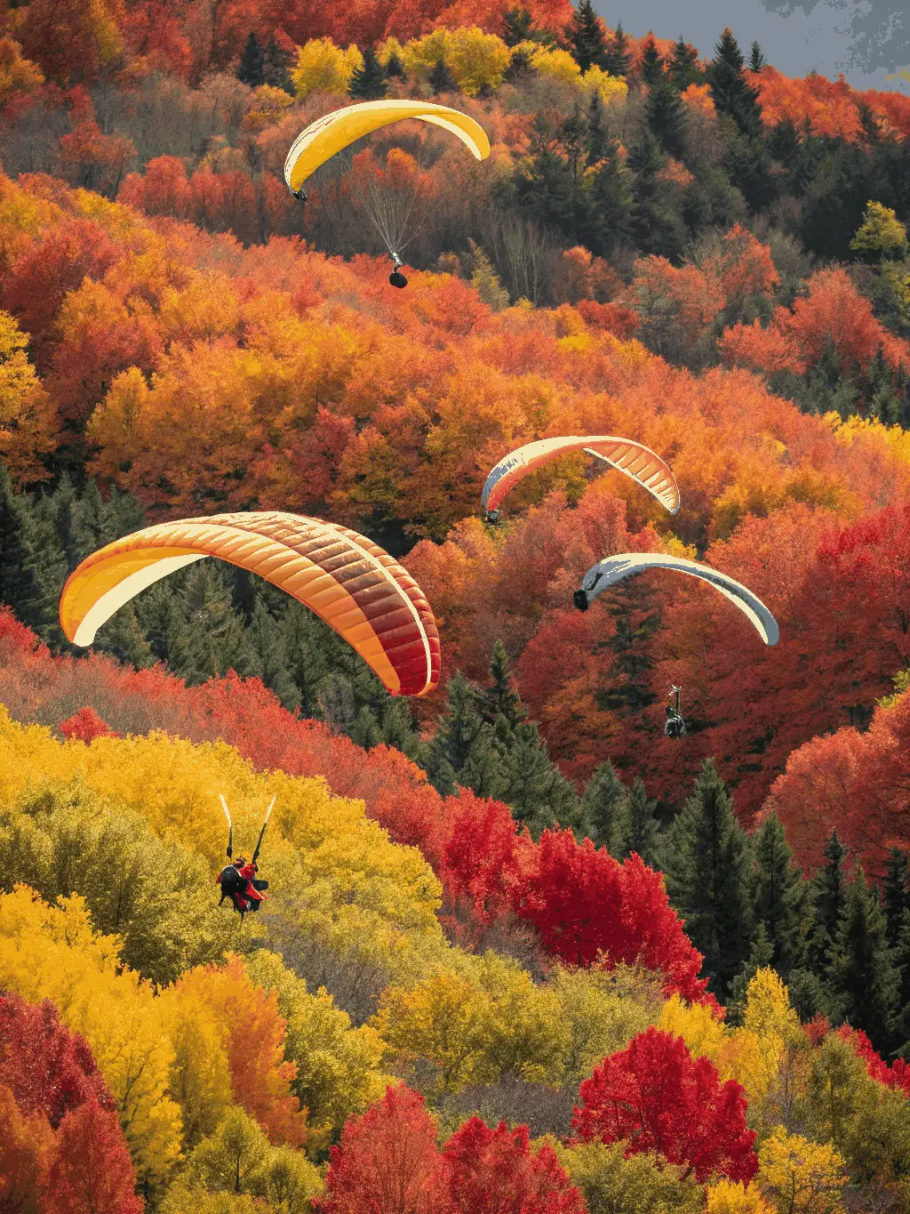 A vibrant group of paragliders preparing their colorful wings on a lush green hillside under a clear blue sky, with instructors providing guidance and safety checks, representing the start of a training session for new enthusiasts.