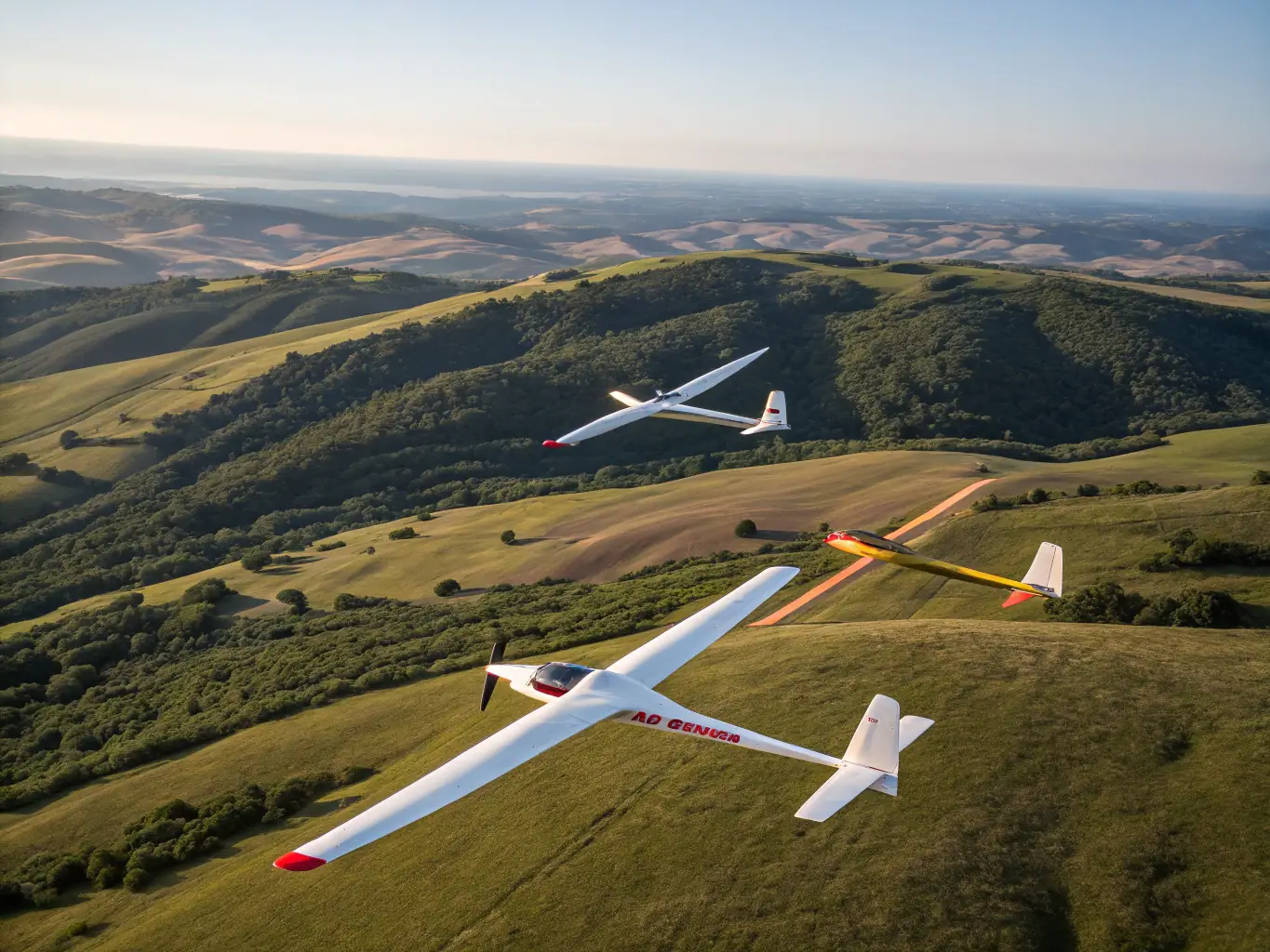 A dynamic image of a hang gliding competition in progress, with several colorful gliders soaring above rolling green hills and a crowd of spectators watching from below.