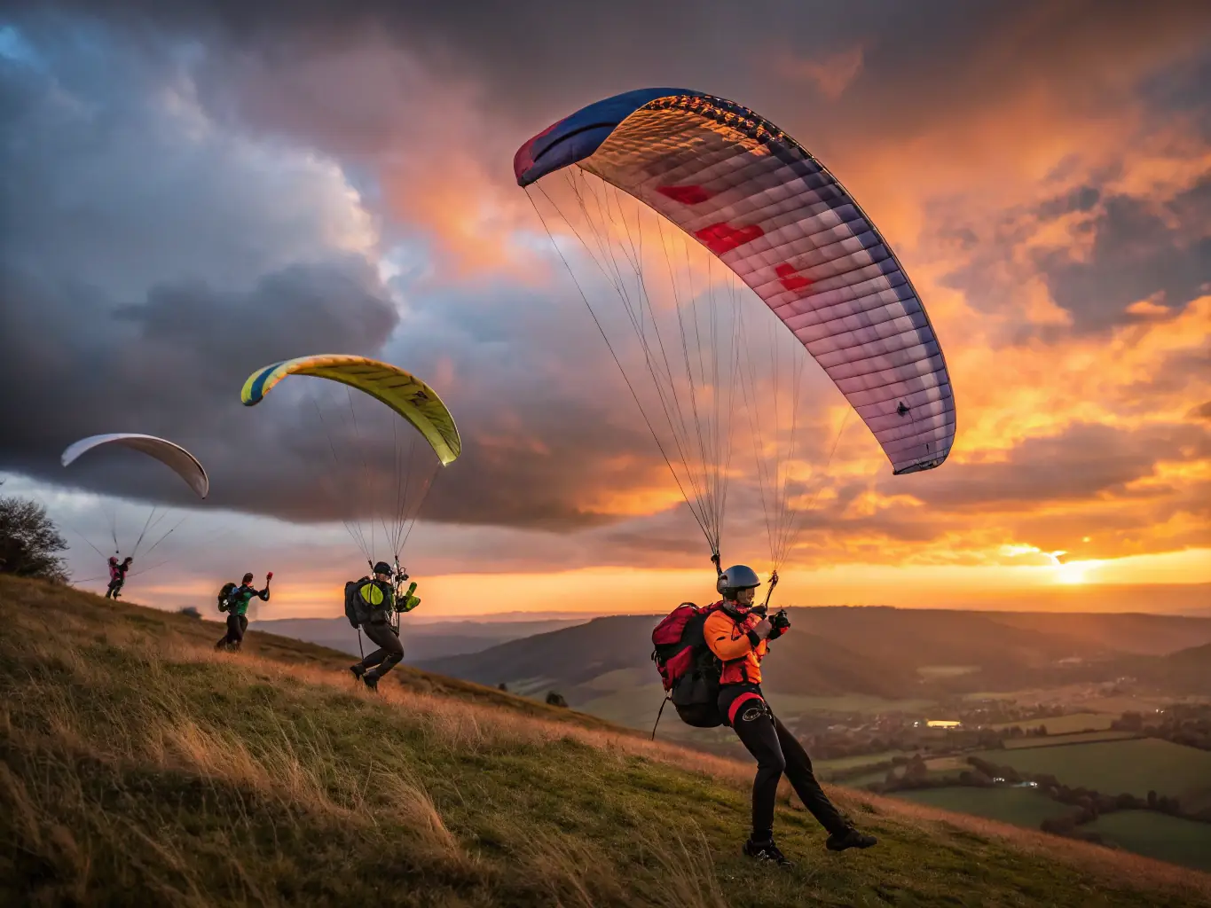 A group of people participating in a hang gliding training session on a grassy hillside, with an instructor providing guidance. The image should capture the excitement and camaraderie of learning a new skill.