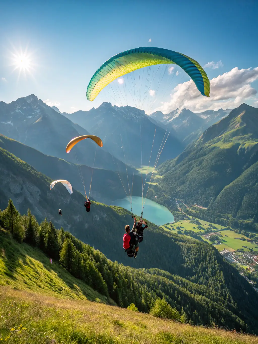 A vibrant photograph of a group of paragliders launching from a grassy hillside in the Bourgogne-Franche-Comté region, with clear blue skies and rolling countryside in the background, capturing the excitement of a group training session.