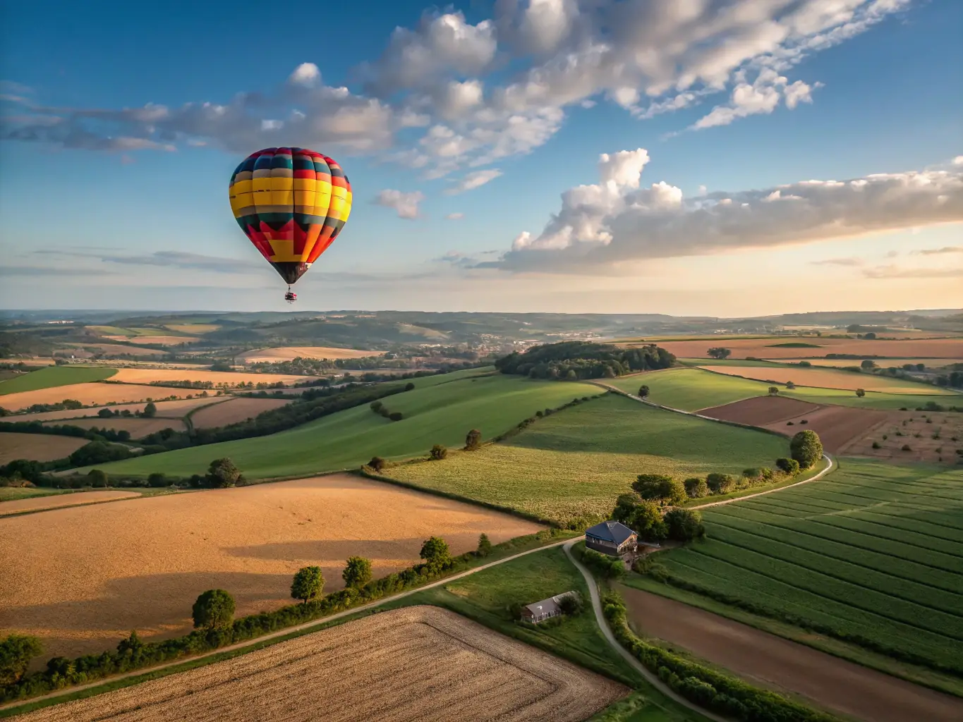 A panoramic view of a hot air balloon and paragliders sharing the sky at sunrise over rolling vineyards.