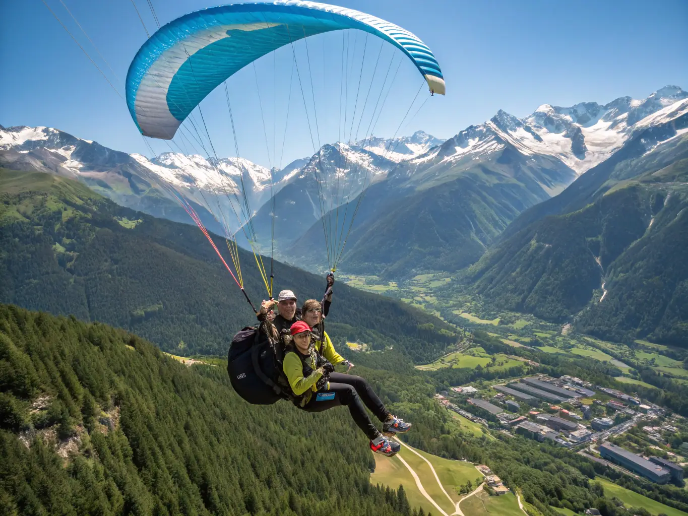 A group of smiling pilots and enthusiasts gathered on a grassy airfield, some preparing their paragliders, others sharing a laugh, with rolling hills and blue sky in the background, conveying camaraderie and community spirit.