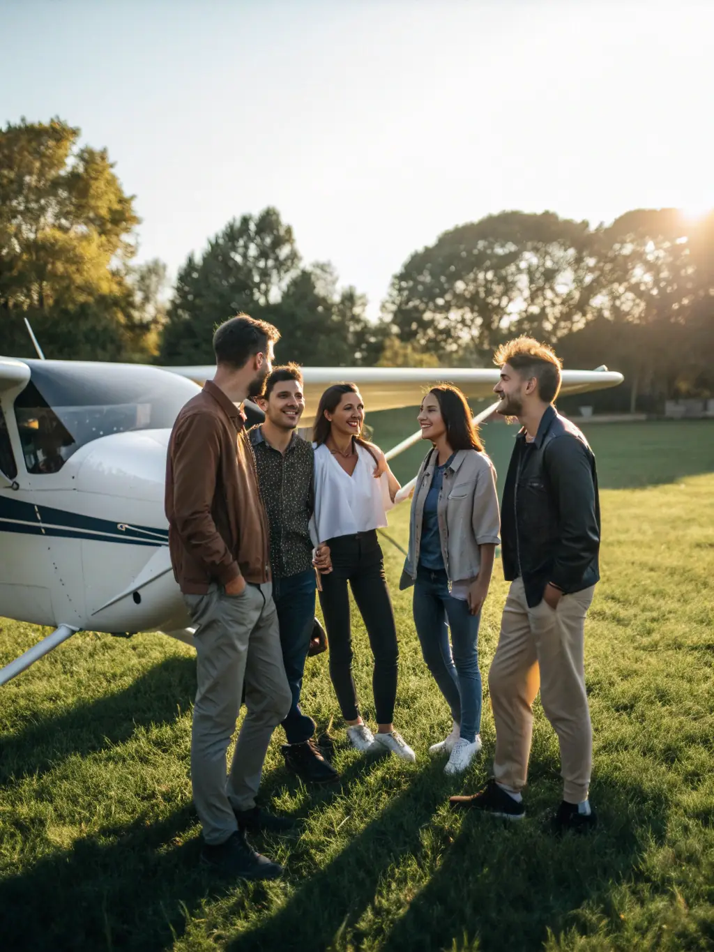 A festive scene of club members celebrating after a cross-country flight, with gliders packed and participants sharing stories, set against a sunset-lit airfield.