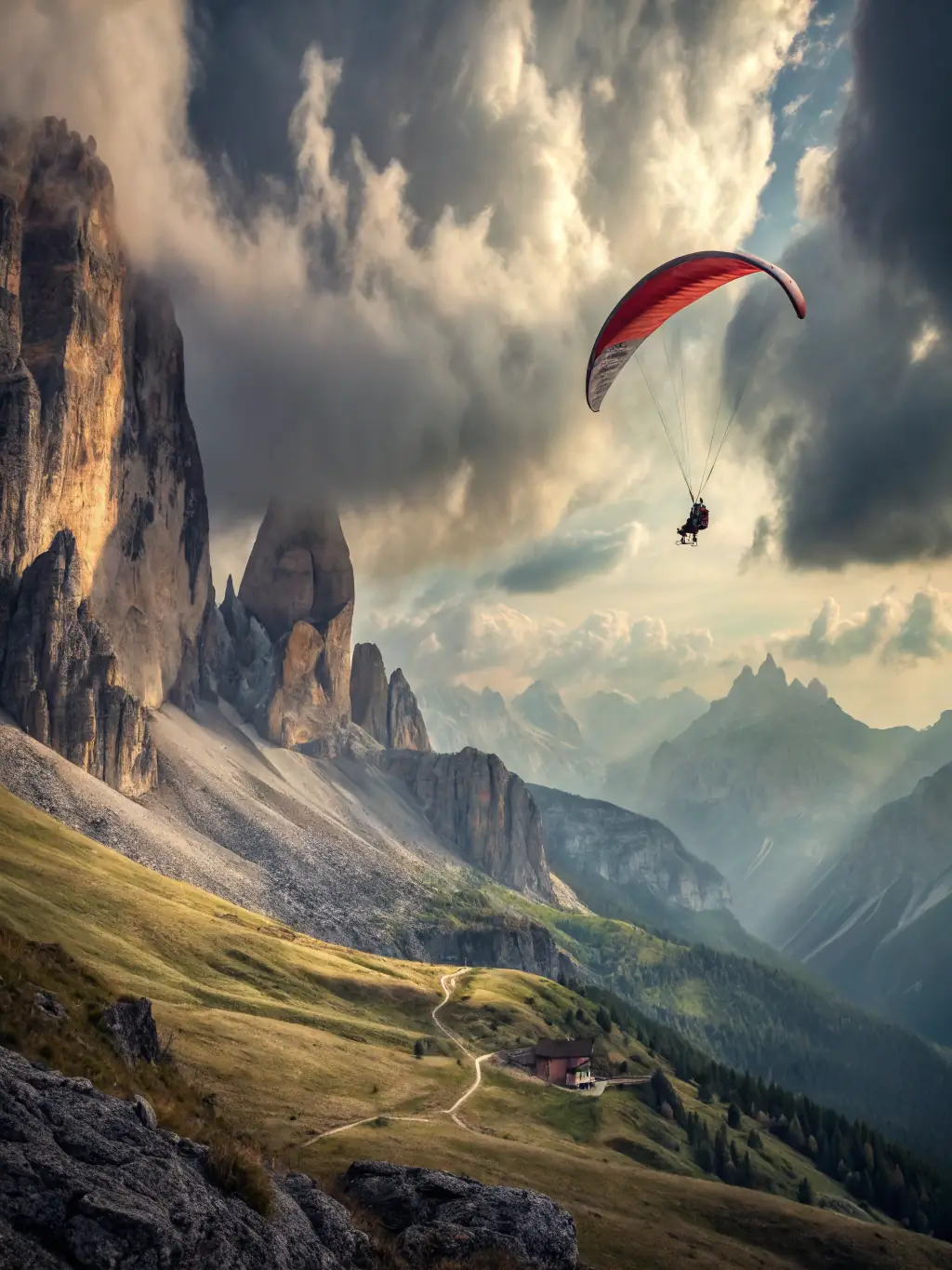 A dynamic image of a hang glider in mid-flight above the Jura mountains, with an instructor guiding a participant, emphasizing the technical skill and breathtaking scenery of the region.
