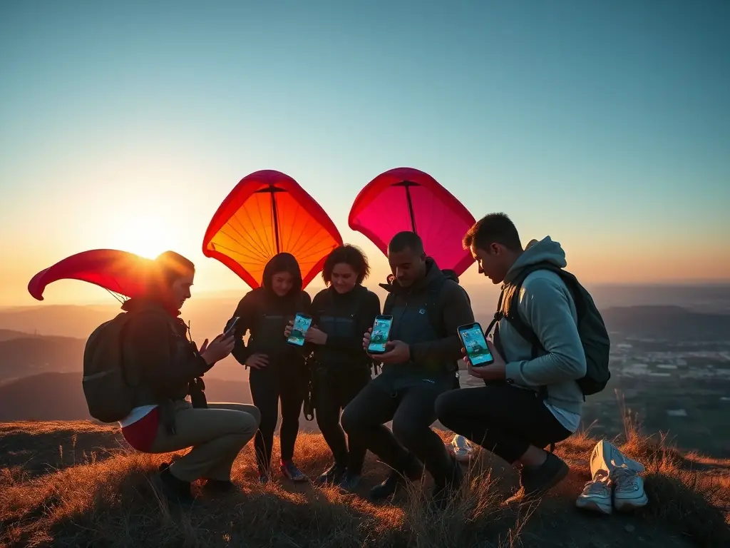 A vibrant photo of a group of paragliders preparing their wings on a grassy hillside in Bourgogne Franche-Comté, with instructors giving guidance and the morning sun illuminating the scene.
