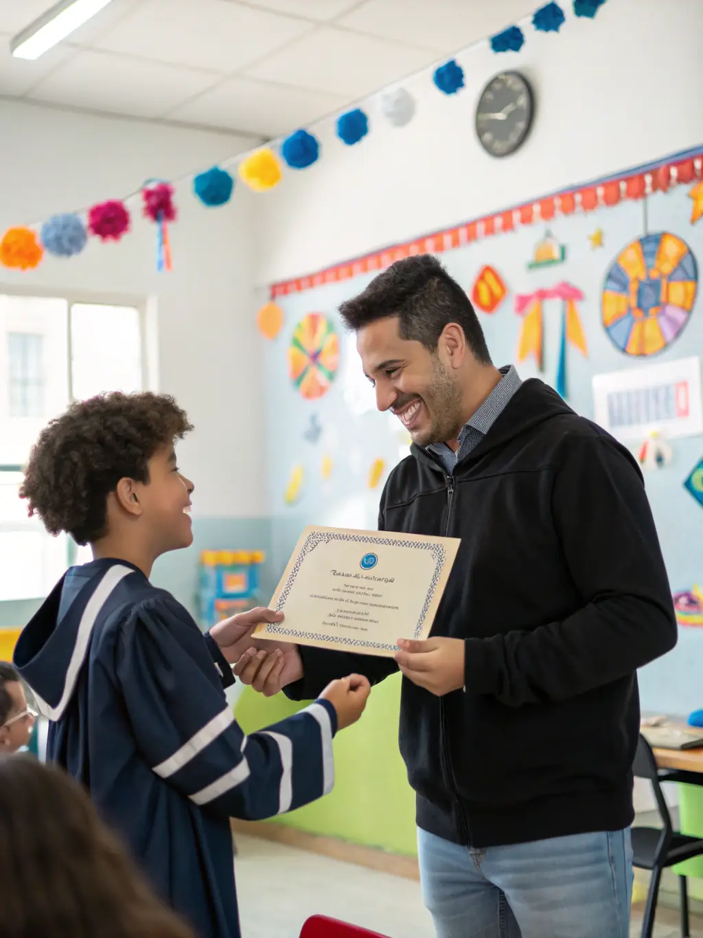 A close-up of a young participant receiving a certificate from an instructor, with proud family members and fellow students applauding, symbolizing achievement and personal growth through the program.